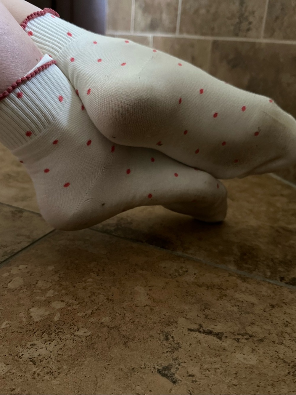 Women's Cream Crew Socks with Pink Dots and ruffles.